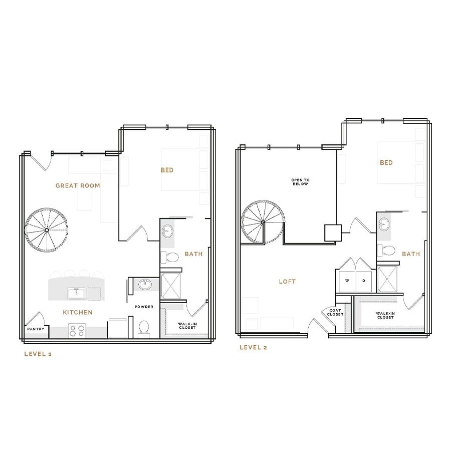 Rendering of the ET3 floor plan with 2 bedroom[s] and 2.5 bathroom[s] at Hardware District