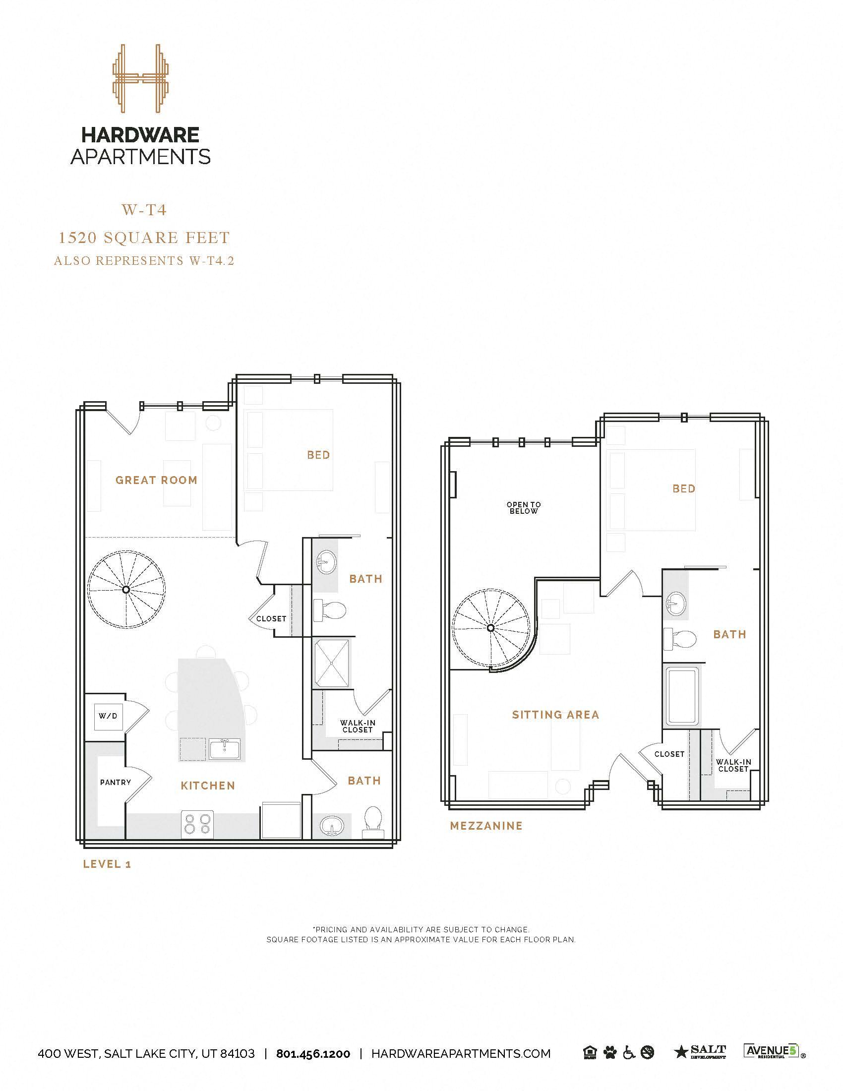 Rendering of the WT4 floor plan with 2 bedroom[s] and 2.5 bathroom[s] at Hardware District