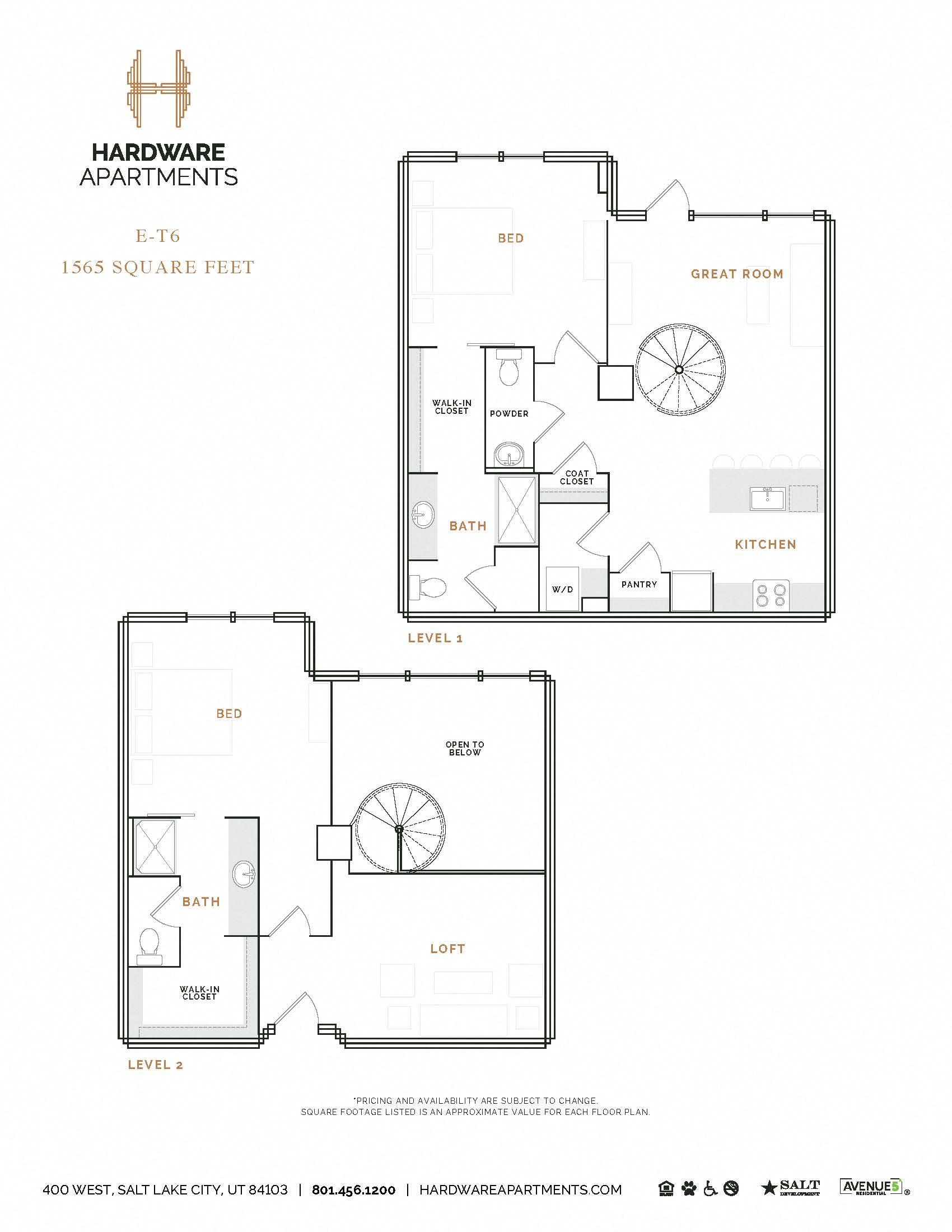 Rendering of the ET6 floor plan with 2 bedroom[s] and 2.5 bathroom[s] at Hardware District