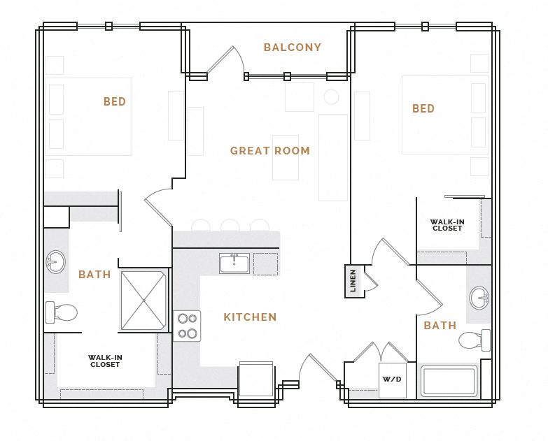 Rendering of the WB1A floor plan with 2 bedroom[s] and 2 bathroom[s] at Hardware District