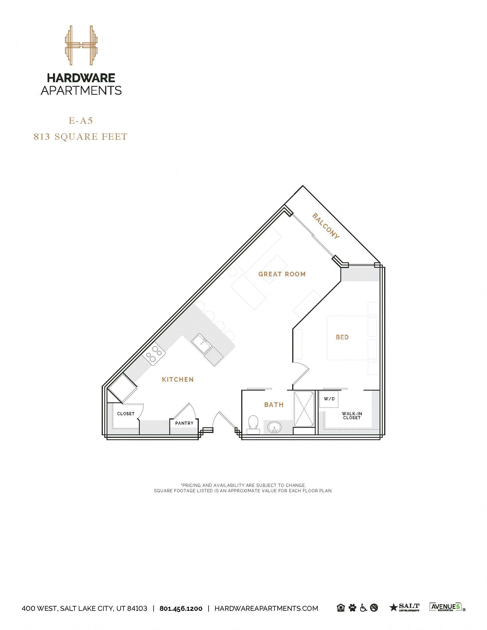 Rendering of the EA5 floor plan with 1 bedroom[s] and 1 bathroom[s] at Hardware District