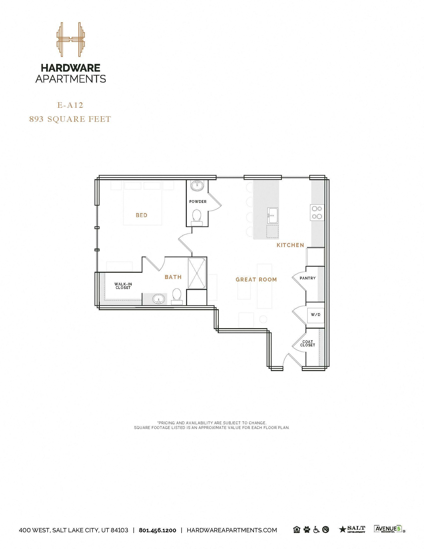 Rendering of the EA12 floor plan with 1 bedroom[s] and 1 bathroom[s] at Hardware District
