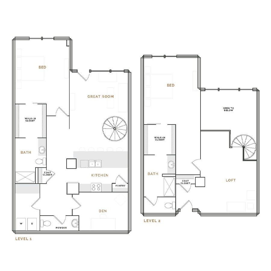 Rendering of the ET14 floor plan with 2 bedroom[s] and 2.5 bathroom[s] at Hardware District