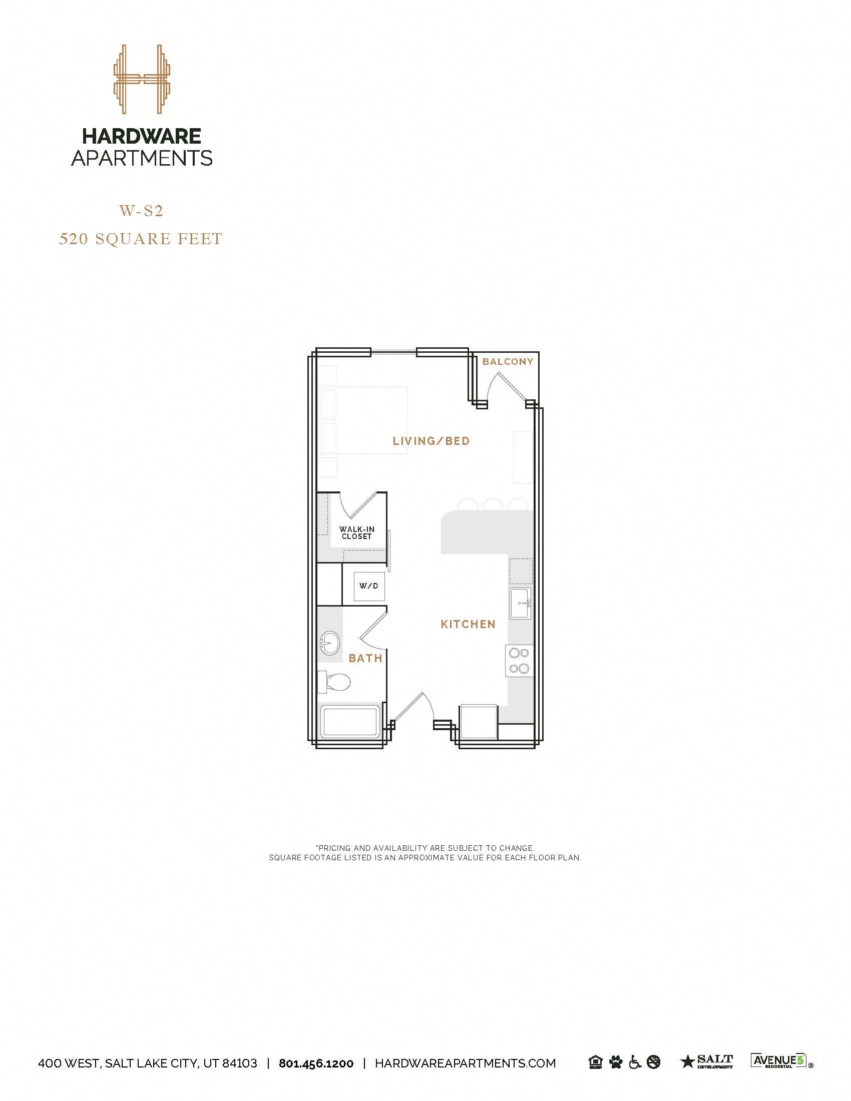Rendering of the WS2 floor plan with a Studio bedroom and 1 bathroom[s] at Hardware District