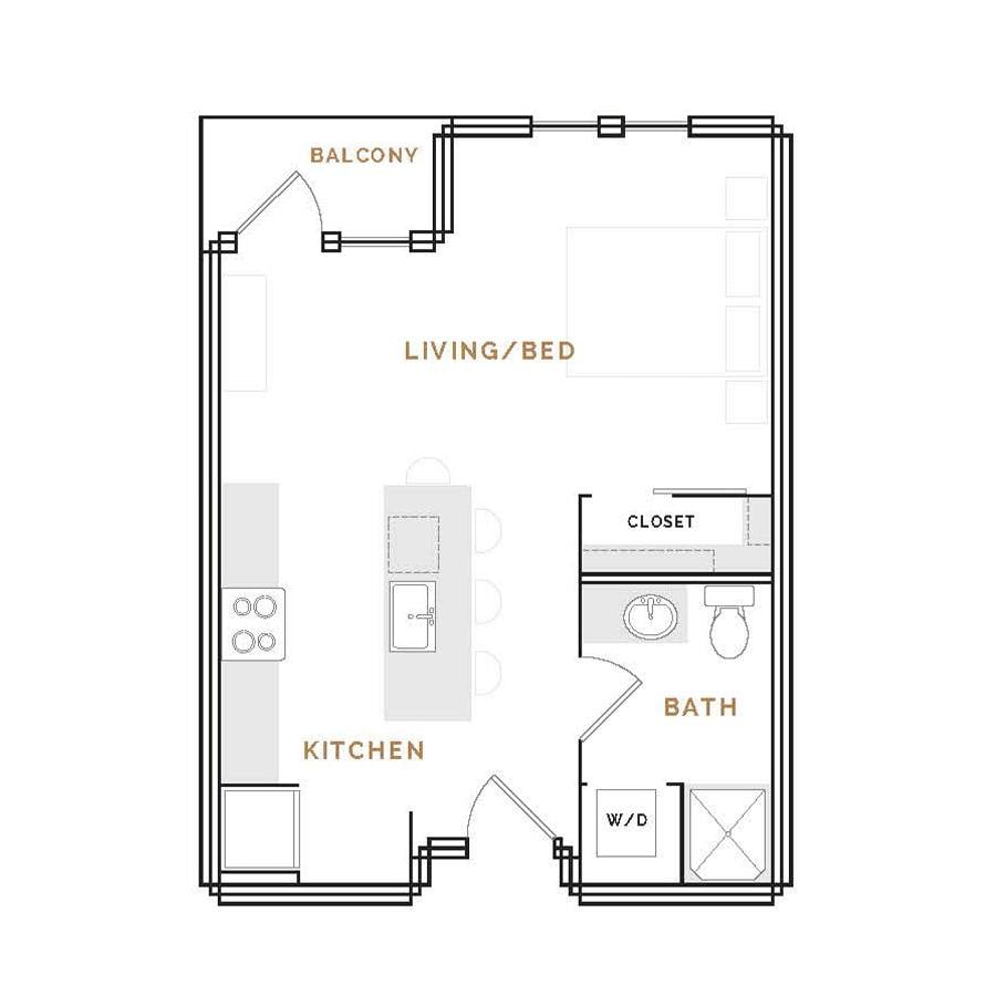 Rendering of the WS3 floor plan with a Studio bedroom and 1 bathroom[s] at Hardware District