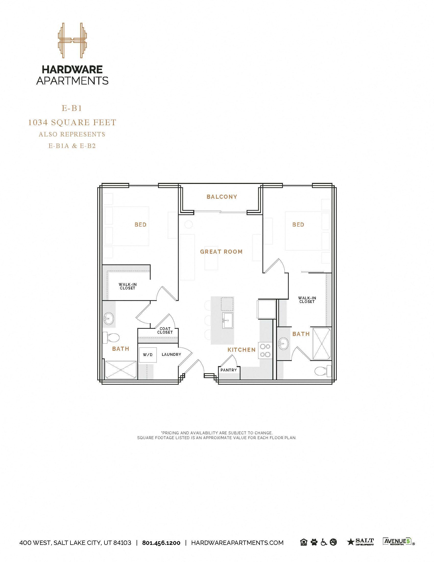 Rendering of the EB1 floor plan with 2 bedroom[s] and 2 bathroom[s] at Hardware District