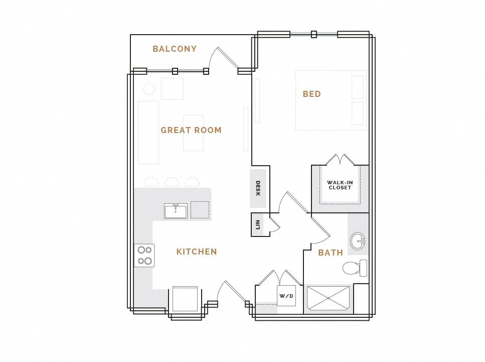 Rendering of the WA2.P floor plan with 1 bedroom[s] and 1 bathroom[s] at Hardware District