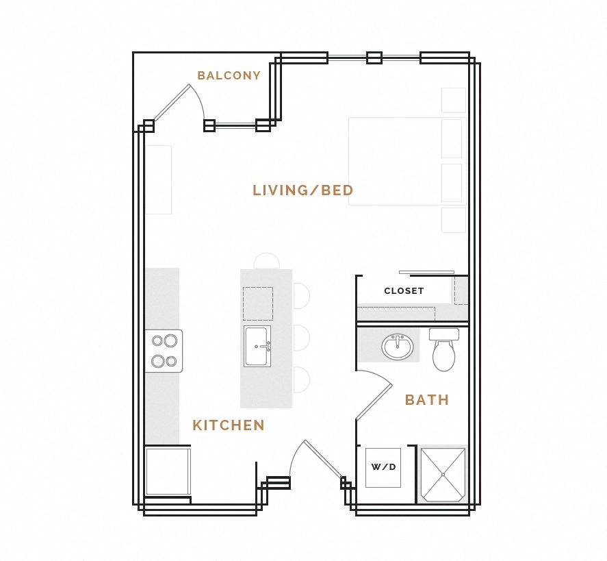 Rendering of the WS3A floor plan with a Studio bedroom and 1 bathroom[s] at Hardware District