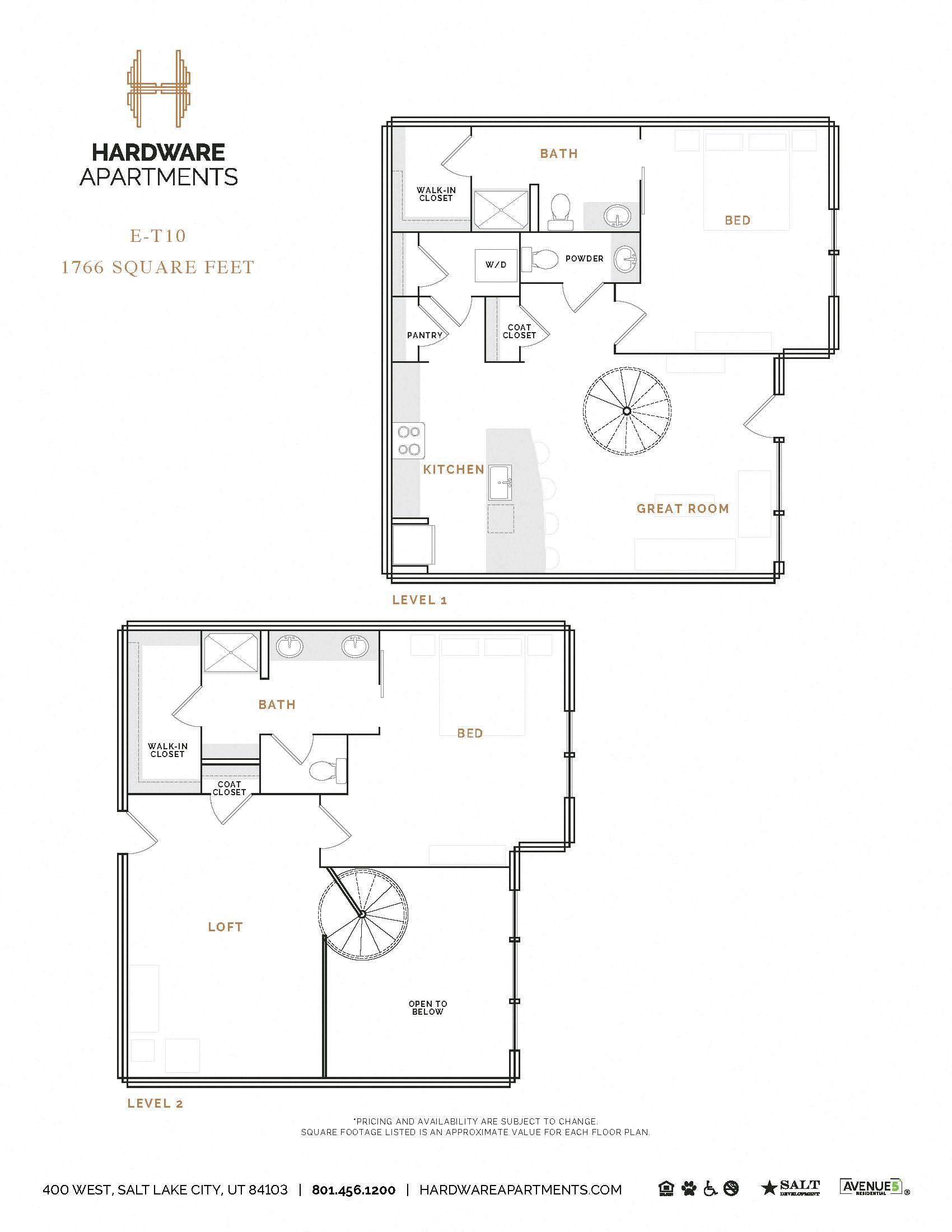 Rendering of the ET10 floor plan with 2 bedroom[s] and 2.5 bathroom[s] at Hardware District