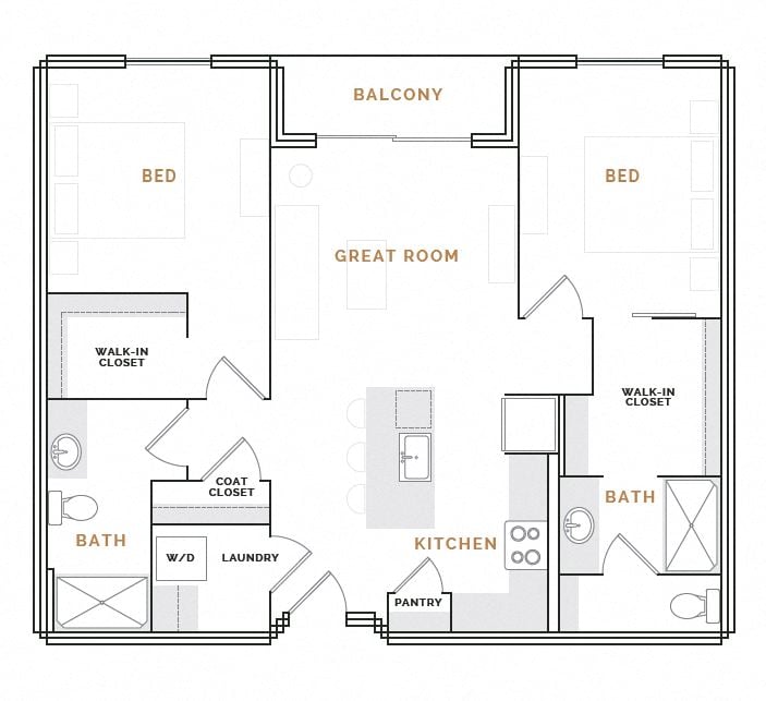 Rendering of the EB1.1 floor plan with 2 bedroom[s] and 2 bathroom[s] at Hardware District