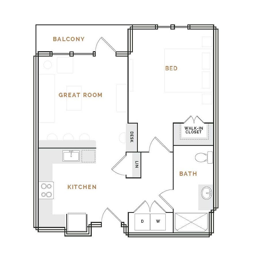 Rendering of the WA2A floor plan with 1 bedroom[s] and 1 bathroom[s] at Hardware District