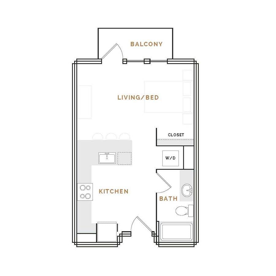 Rendering of the WS1 floor plan with a Studio bedroom and 1 bathroom[s] at Hardware District