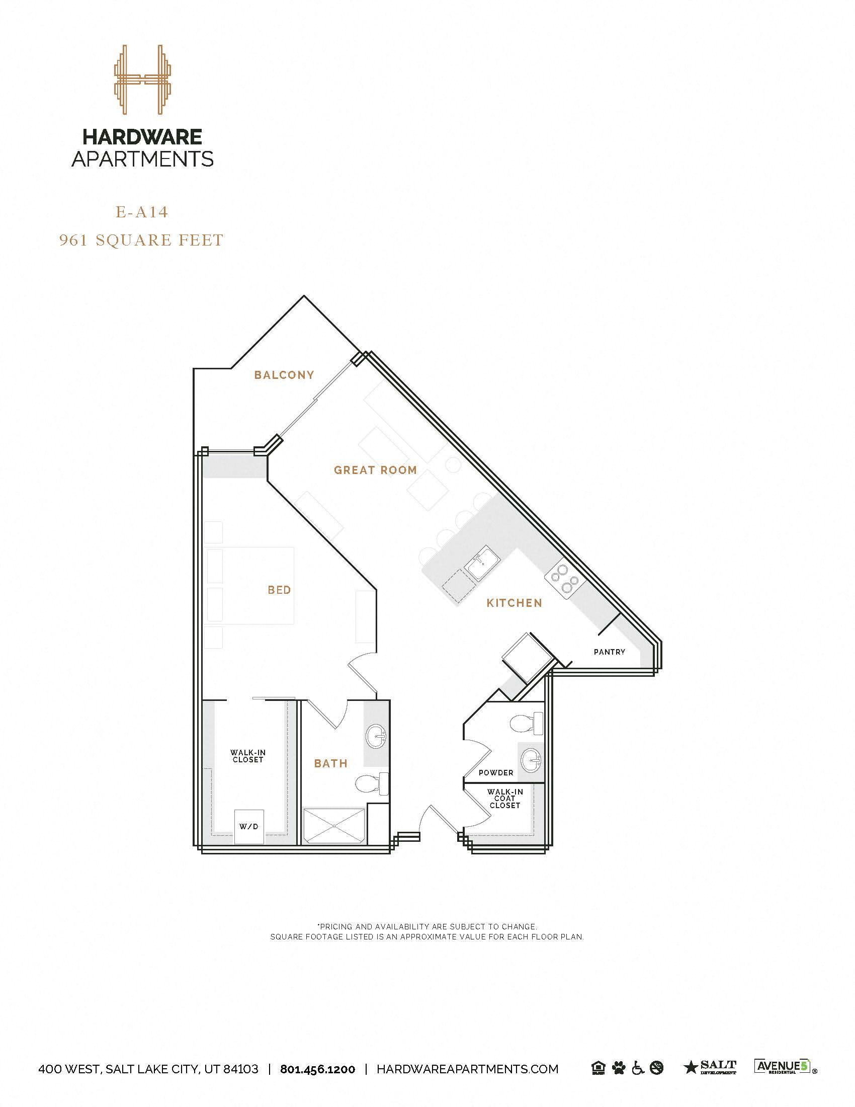Rendering of the EA14 floor plan with 1 bedroom[s] and 1.5 bathroom[s] at Hardware District