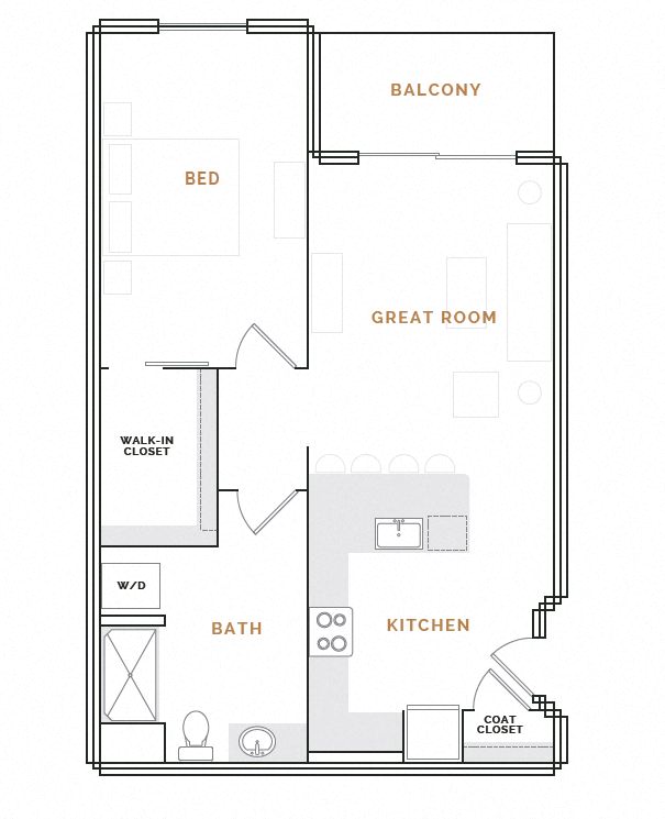 Rendering of the EA7A floor plan with 1 bedroom[s] and 1 bathroom[s] at Hardware District