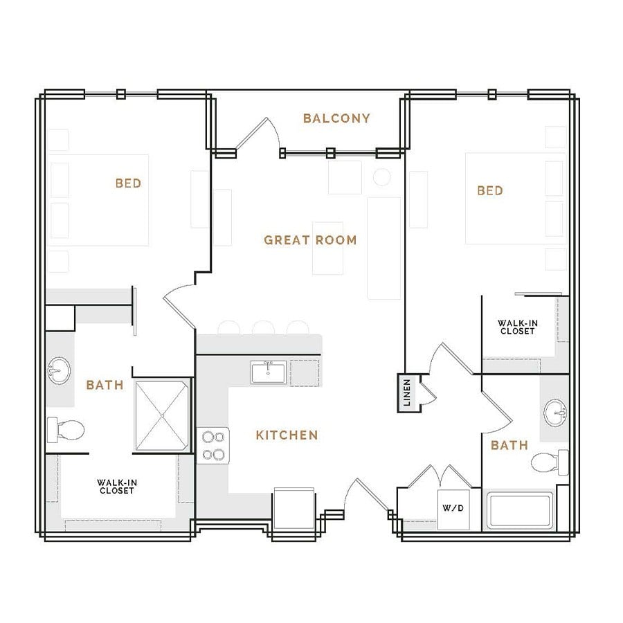 Rendering of the WB1 floor plan with 2 bedroom[s] and 2 bathroom[s] at Hardware District