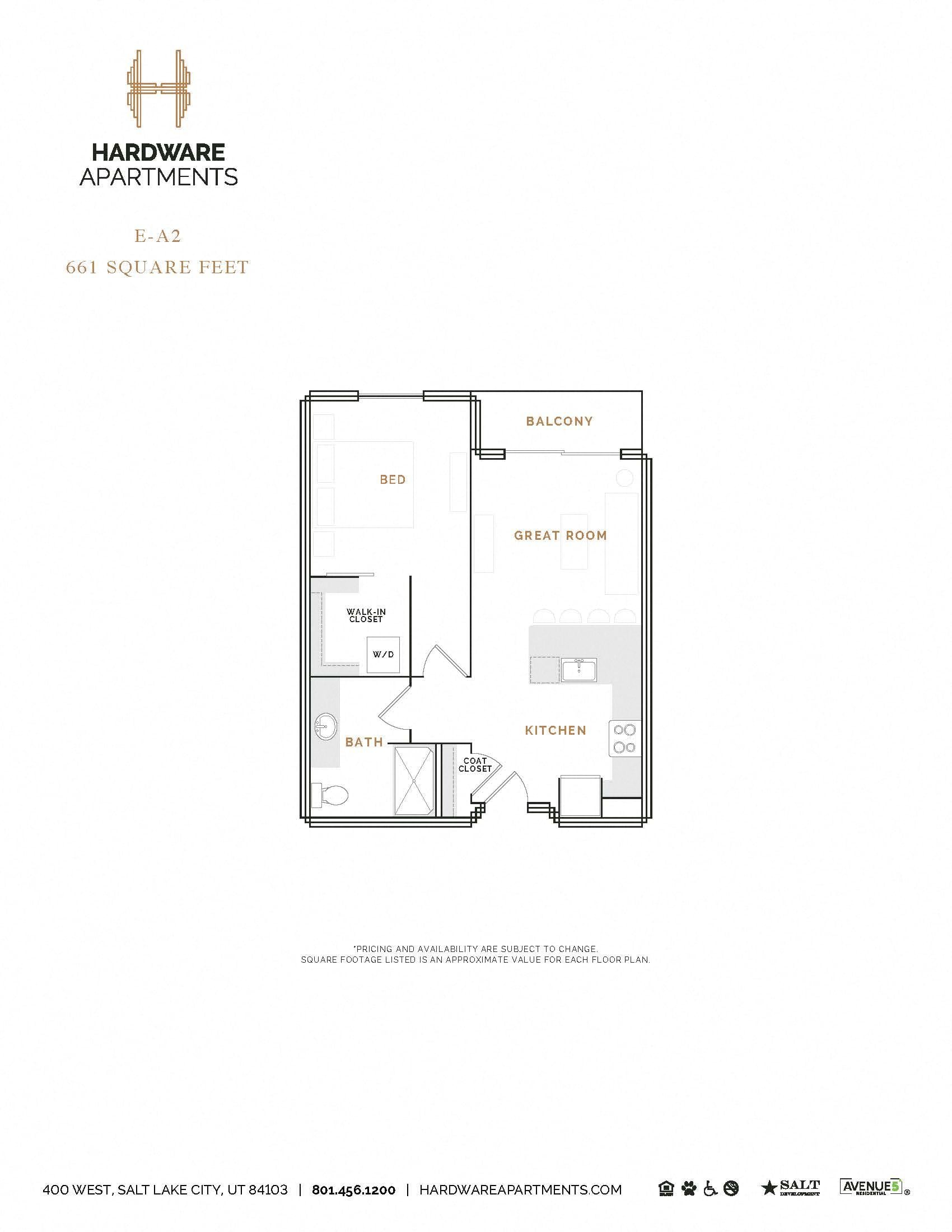 Rendering of the EA2 floor plan with 1 bedroom[s] and 1 bathroom[s] at Hardware District