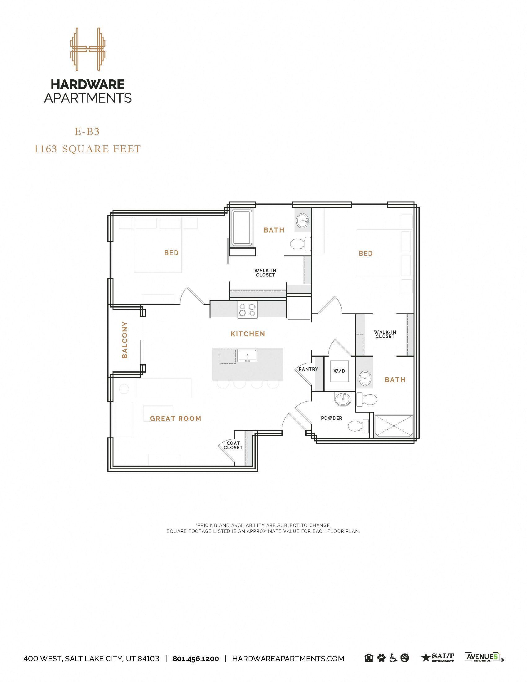 Rendering of the EB3 floor plan with 2 bedroom[s] and 2.5 bathroom[s] at Hardware District