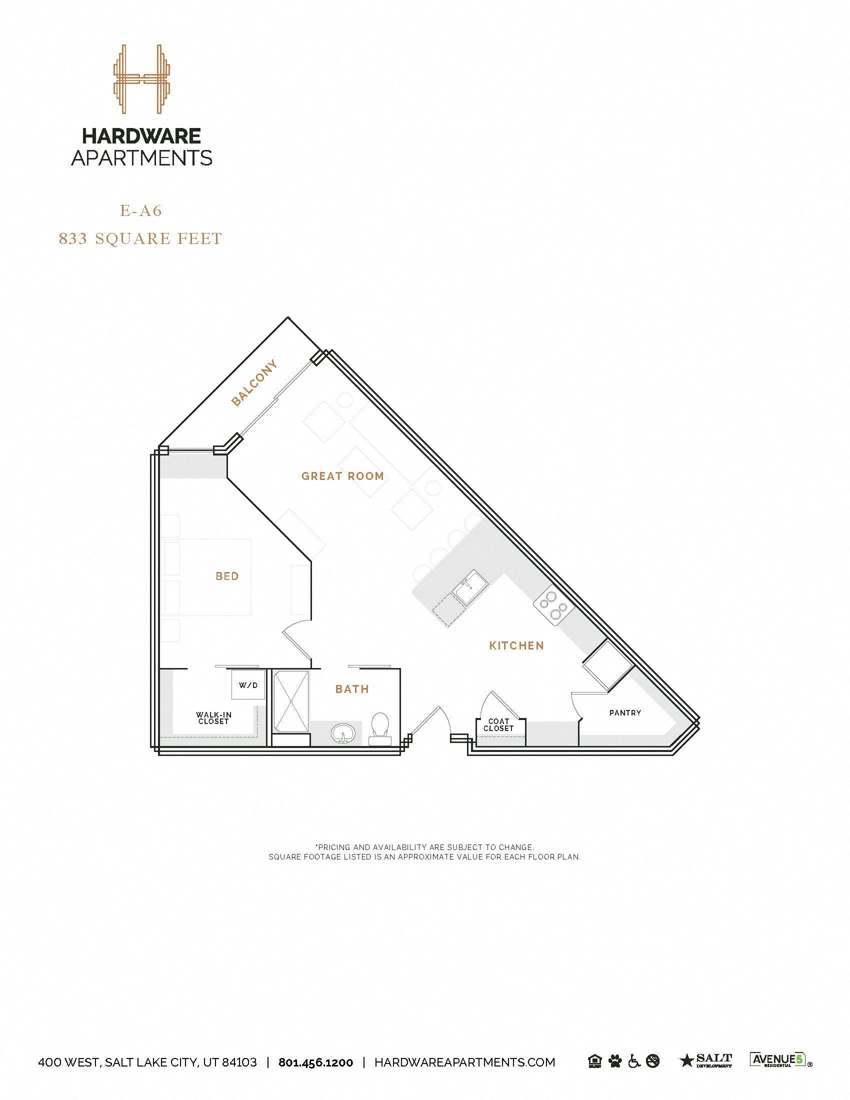 Rendering of the EA6 floor plan with 1 bedroom[s] and 1 bathroom[s] at Hardware District