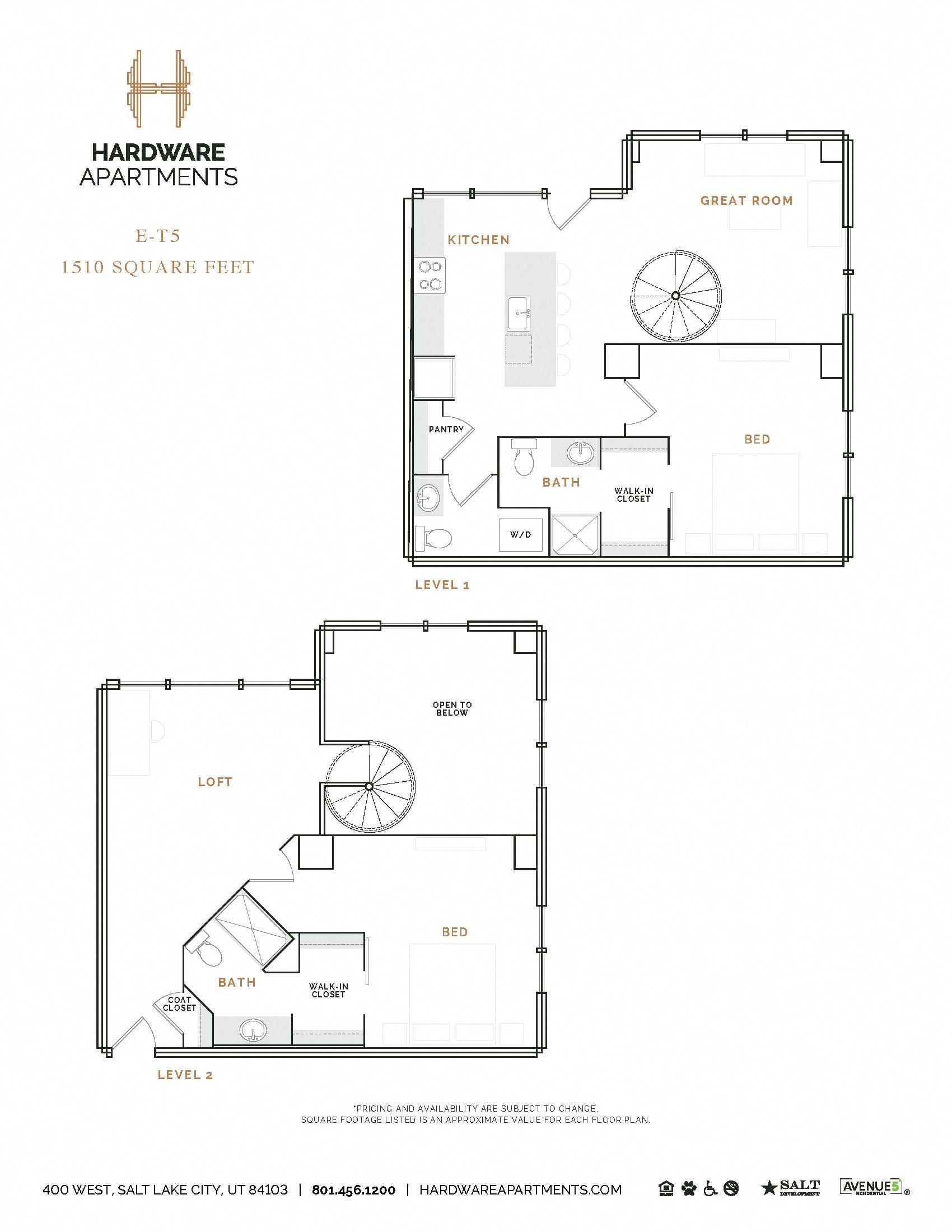 Rendering of the ET5 floor plan with 2 bedroom[s] and 2.5 bathroom[s] at Hardware District