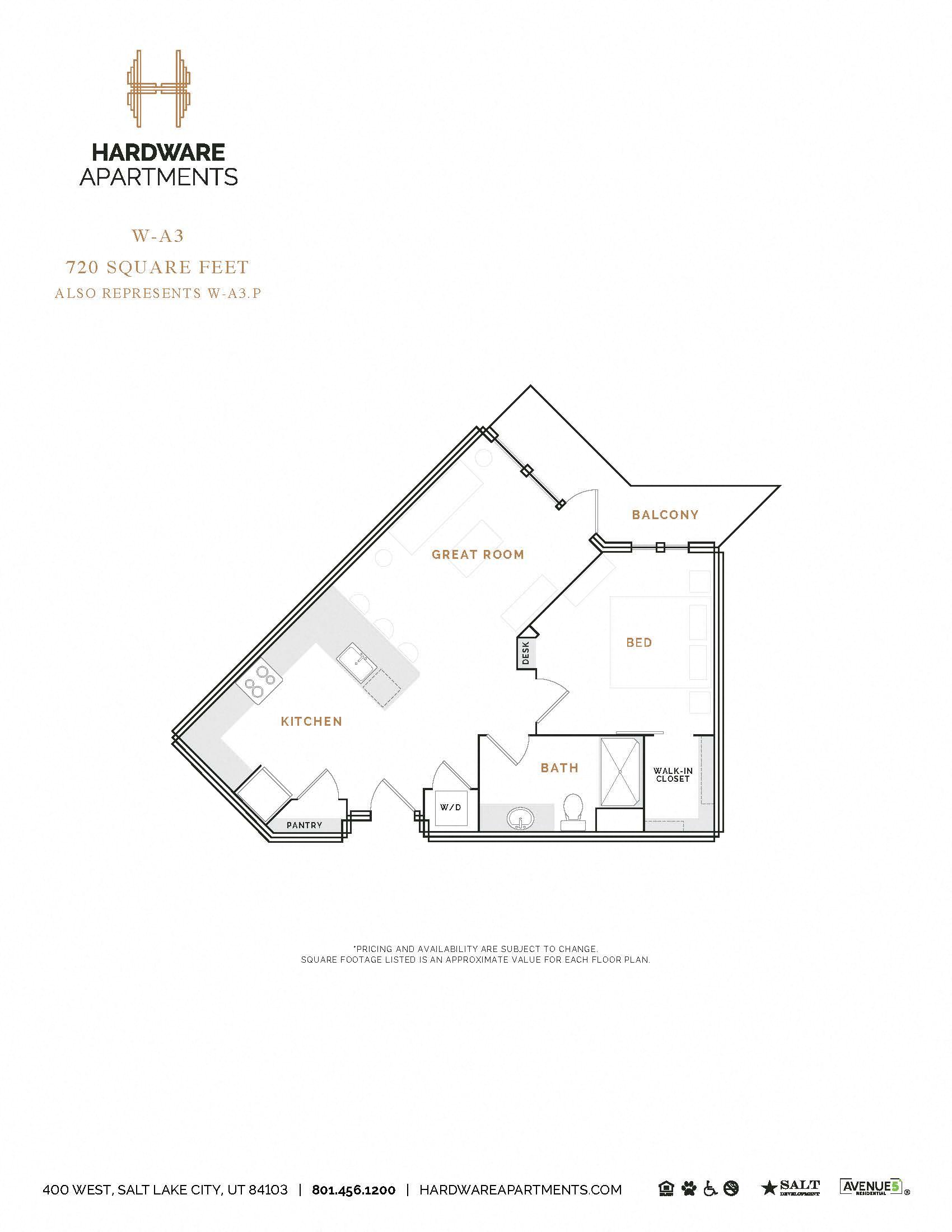 Rendering of the WA3 floor plan with 1 bedroom[s] and 1 bathroom[s] at Hardware District