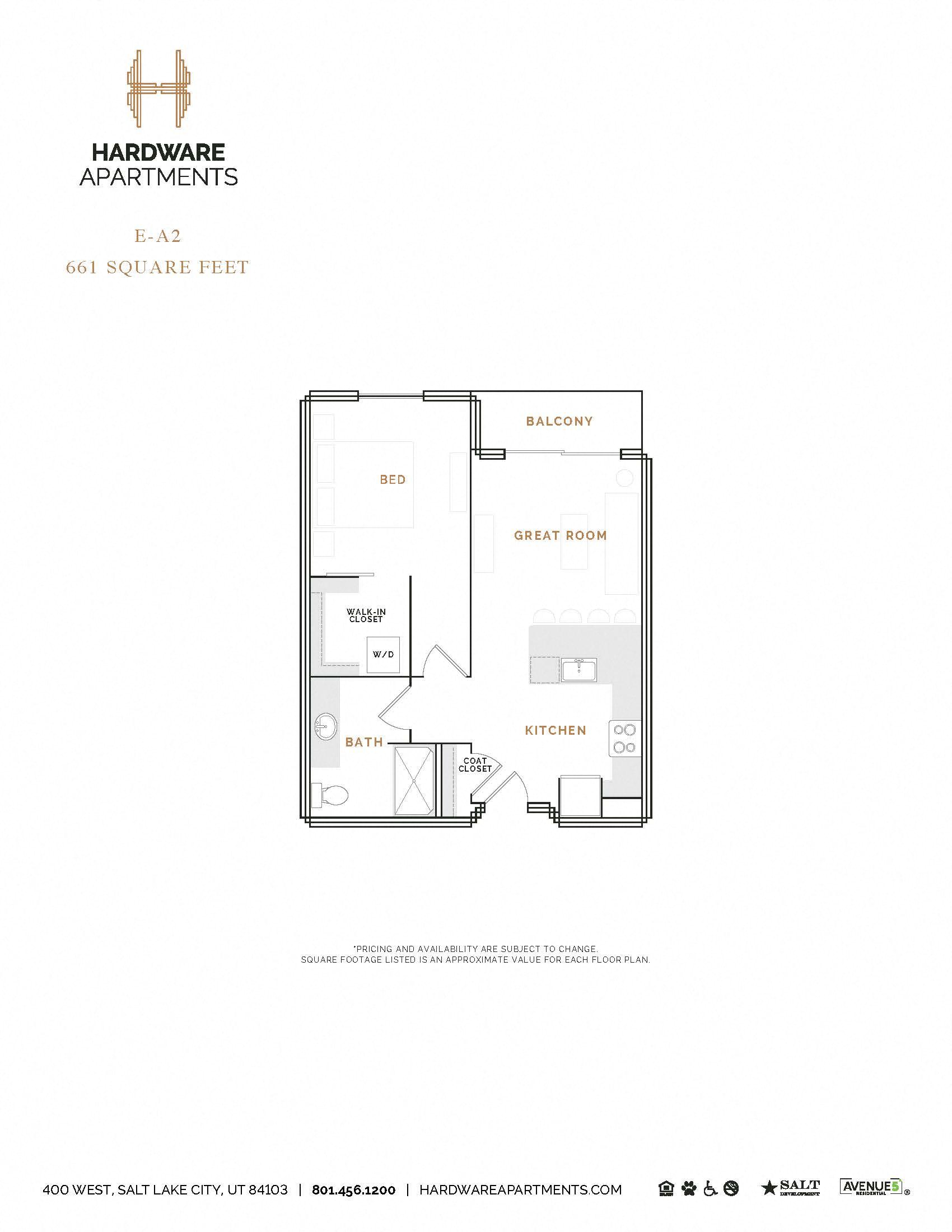 Rendering of the EA2 floor plan with 1 bedroom[s] and 1 bathroom[s] at Hardware District