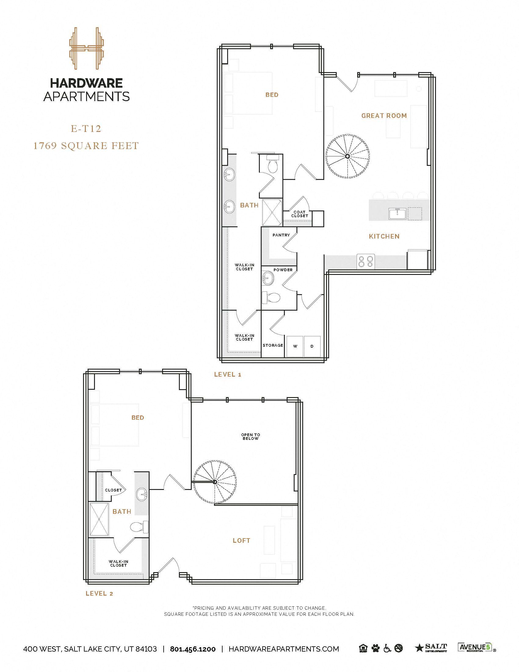 Rendering of the ET12 floor plan with 2 bedroom[s] and 2.5 bathroom[s] at Hardware District