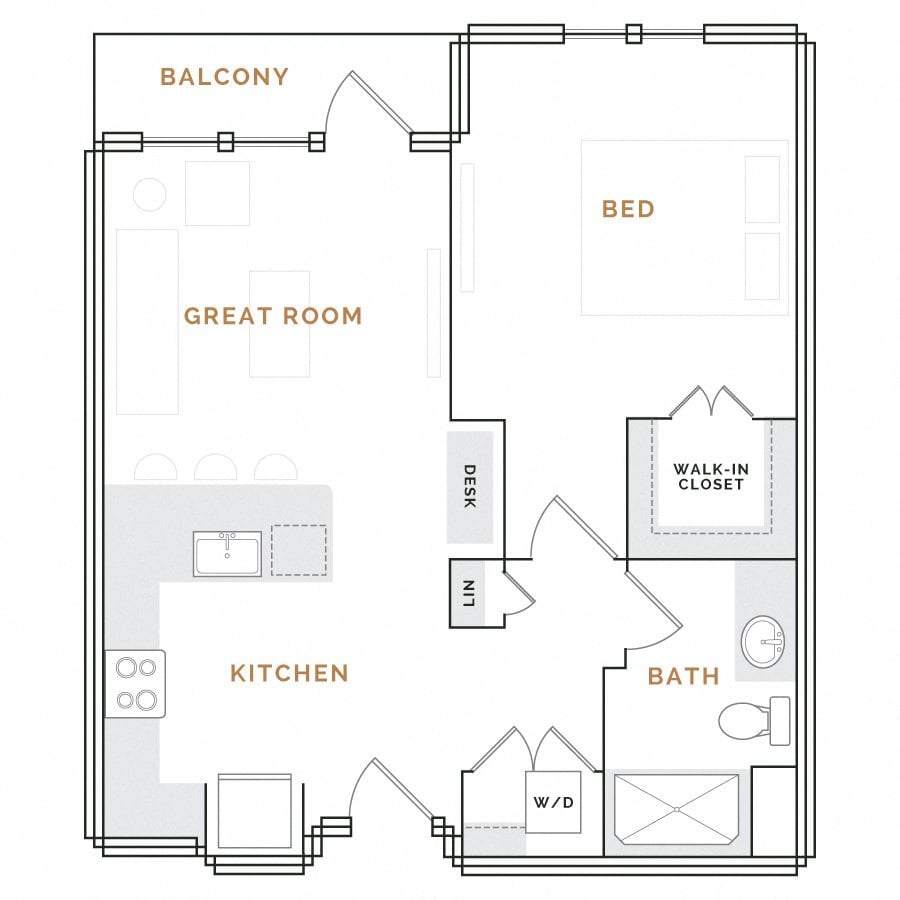 Rendering of the WA1.2 floor plan with 1 bedroom[s] and 1 bathroom[s] at Hardware District