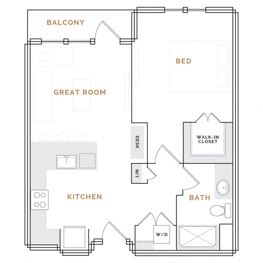 Rendering of the WA1.2 floor plan with 1 bedroom[s] and 1 bathroom[s] at Hardware District