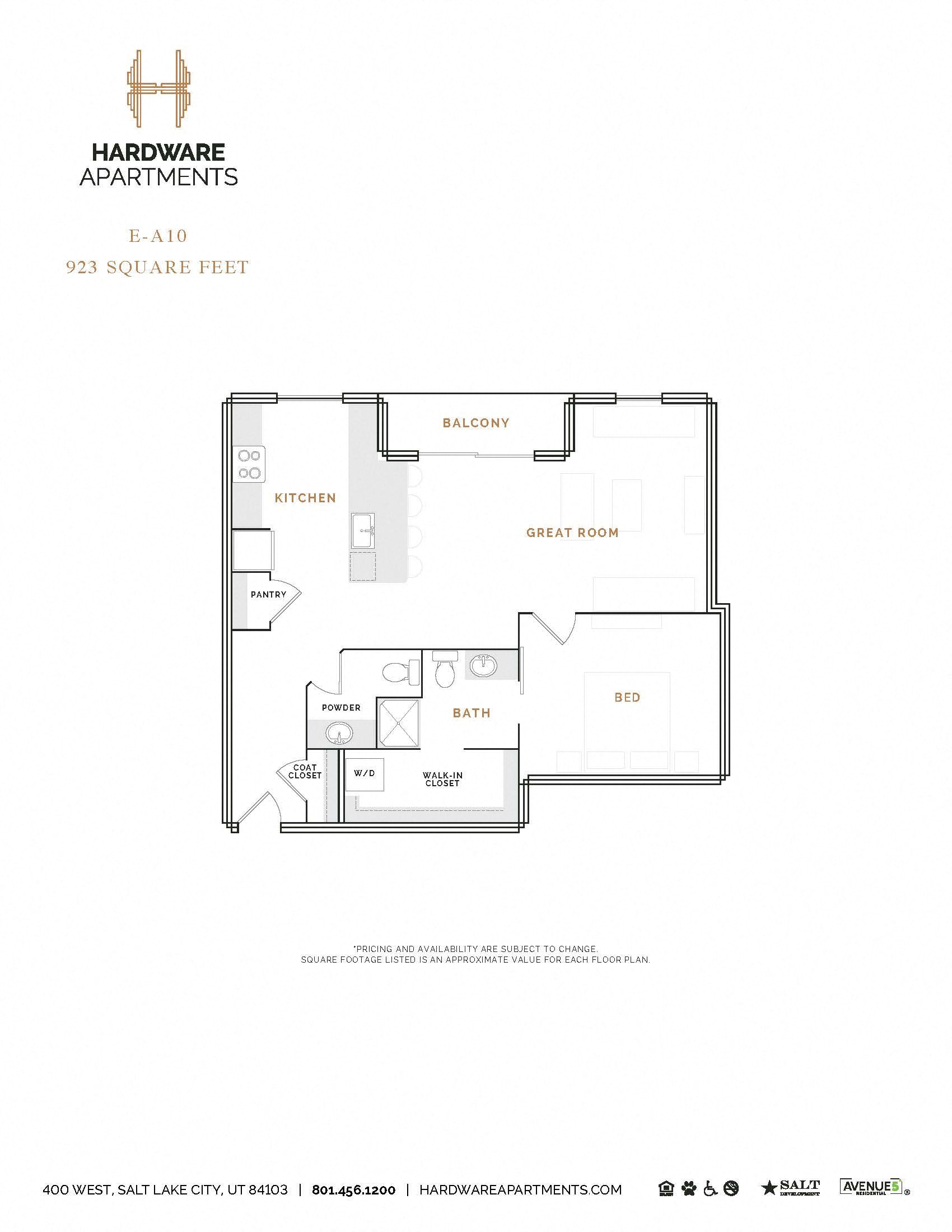 Rendering of the EA10 floor plan with 1 bedroom[s] and 1.5 bathroom[s] at Hardware District