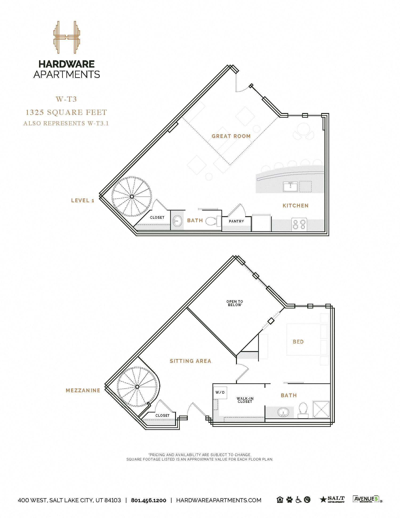Rendering of the WT3 floor plan with 1 bedroom[s] and 1.5 bathroom[s] at Hardware District