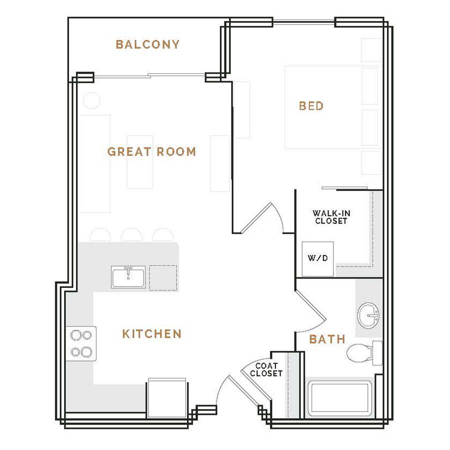 Rendering of the EA1 floor plan with 1 bedroom[s] and 1 bathroom[s] at Hardware District