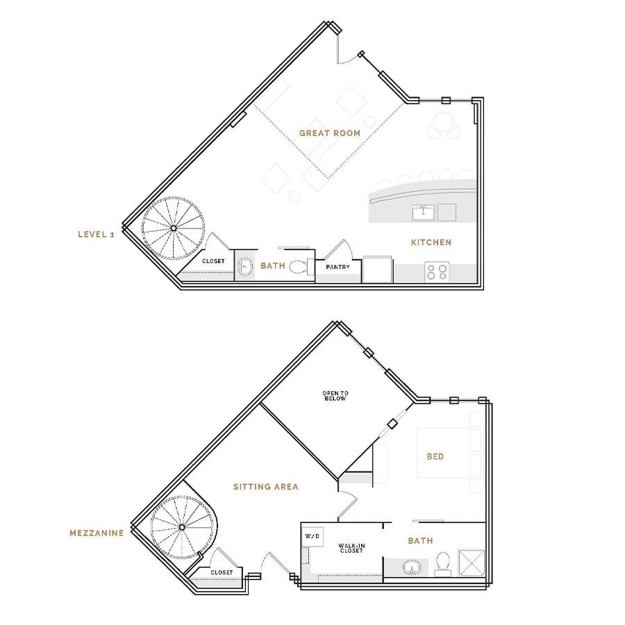 Rendering of the WT3 floor plan with 1 bedroom[s] and 1.5 bathroom[s] at Hardware District