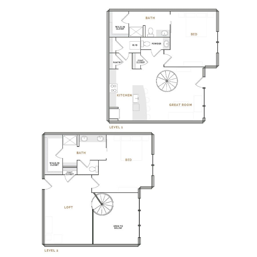Rendering of the ET10 floor plan with 2 bedroom[s] and 2.5 bathroom[s] at Hardware District