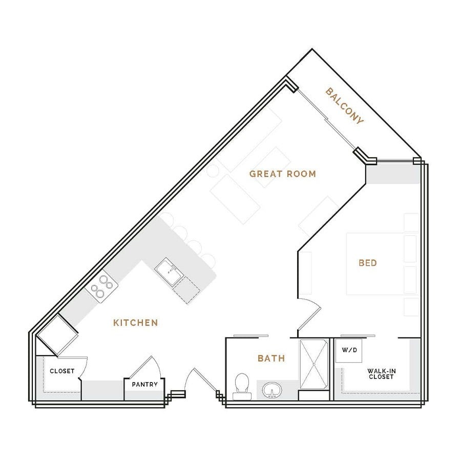 Rendering of the EA5 floor plan with 1 bedroom[s] and 1 bathroom[s] at Hardware District