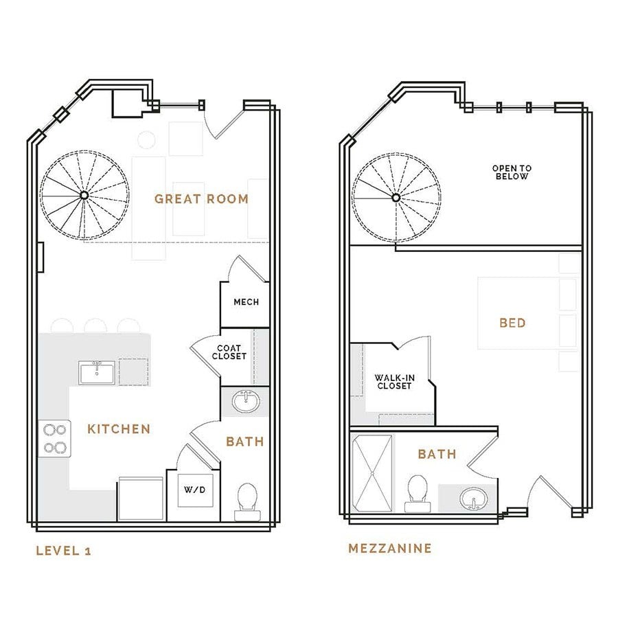 Rendering of the WT1 floor plan with 1 bedroom[s] and 1.5 bathroom[s] at Hardware District