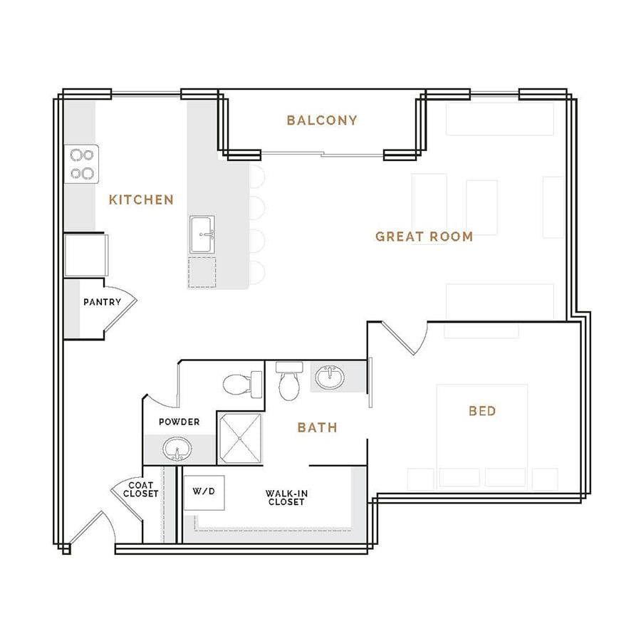 Rendering of the EA10 floor plan with 1 bedroom[s] and 1.5 bathroom[s] at Hardware District