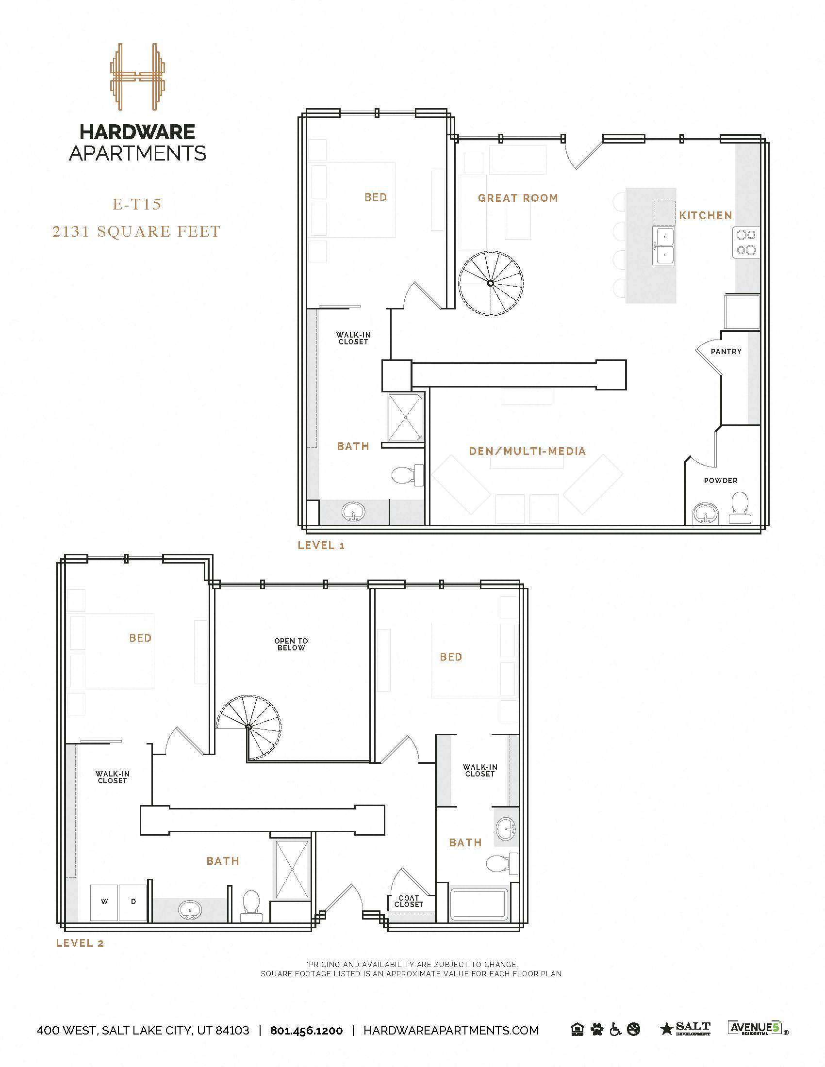 Rendering of the ET15 floor plan with 3 bedroom[s] and 3.5 bathroom[s] at Hardware District