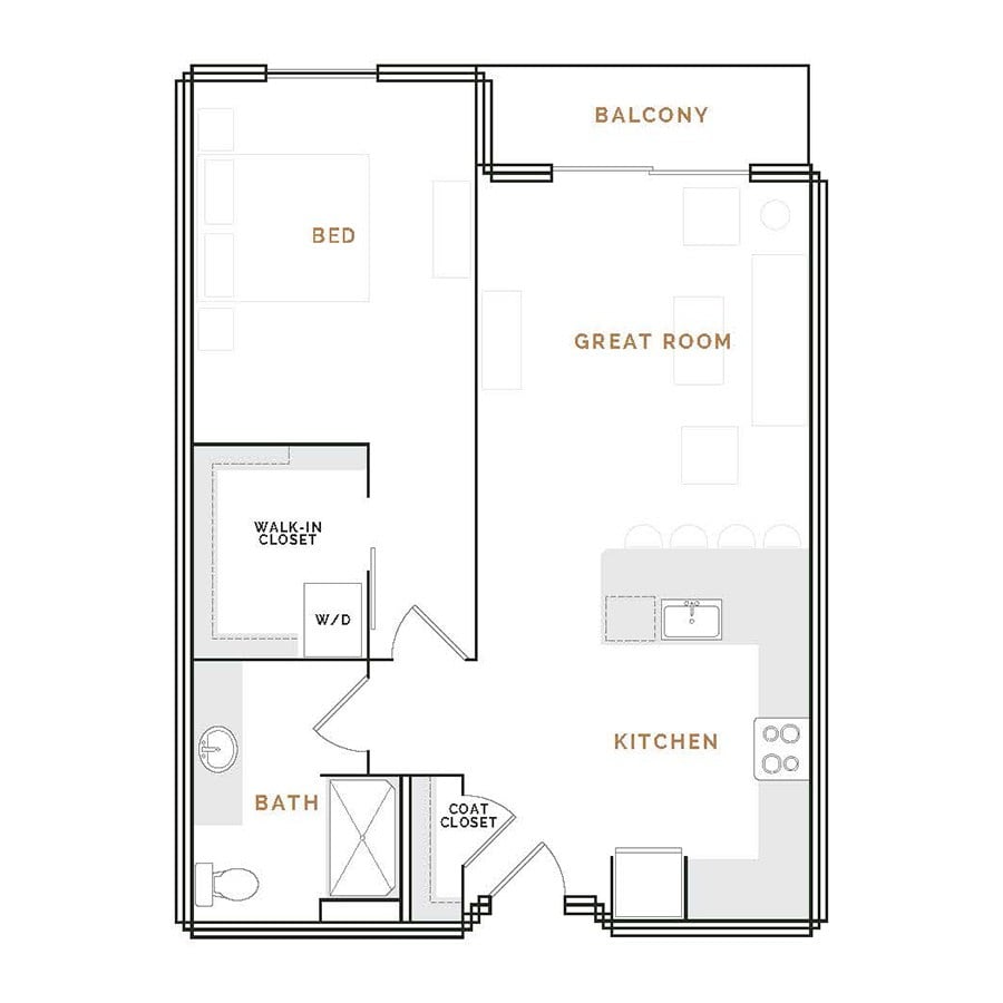 Rendering of the EA8 floor plan with 1 bedroom[s] and 1 bathroom[s] at Hardware District