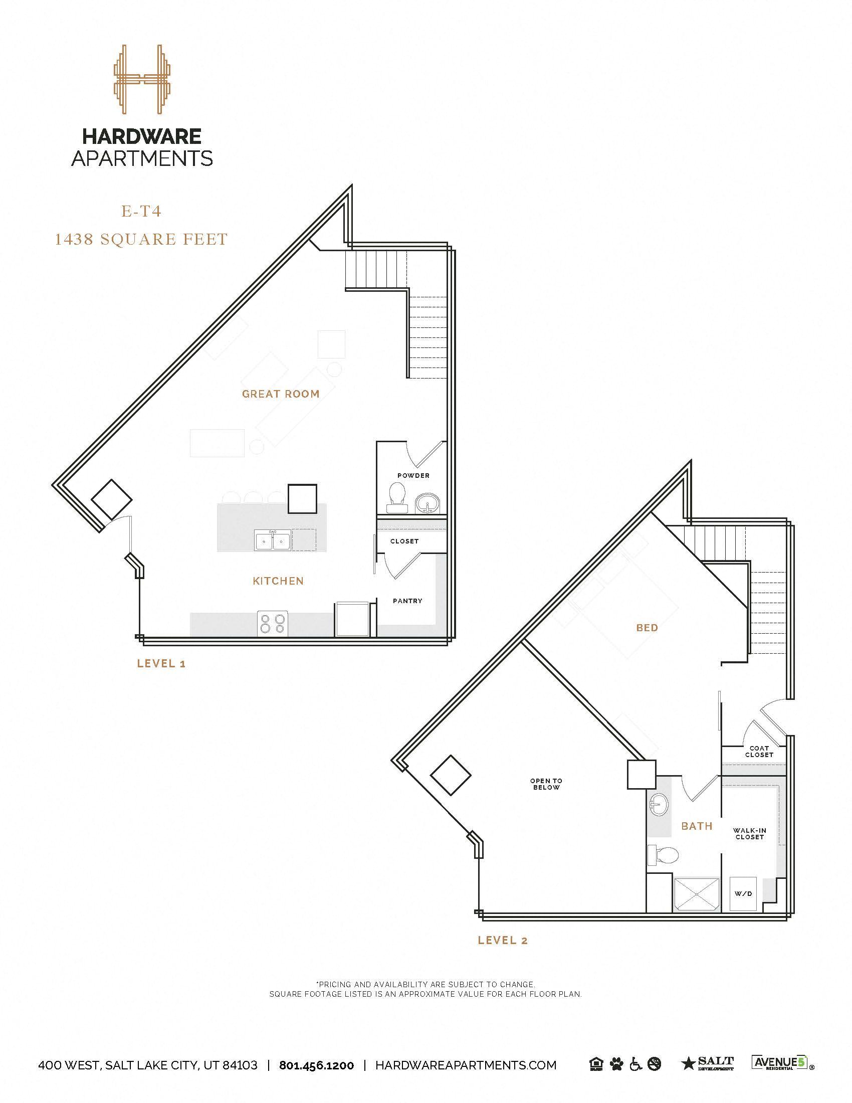 Rendering of the ET4 floor plan with 1 bedroom[s] and 1.5 bathroom[s] at Hardware District