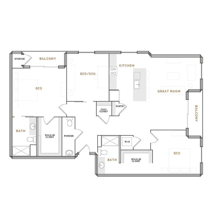 Rendering of the EB5 floor plan with 2 bedroom[s] and 2.5 bathroom[s] at Hardware District