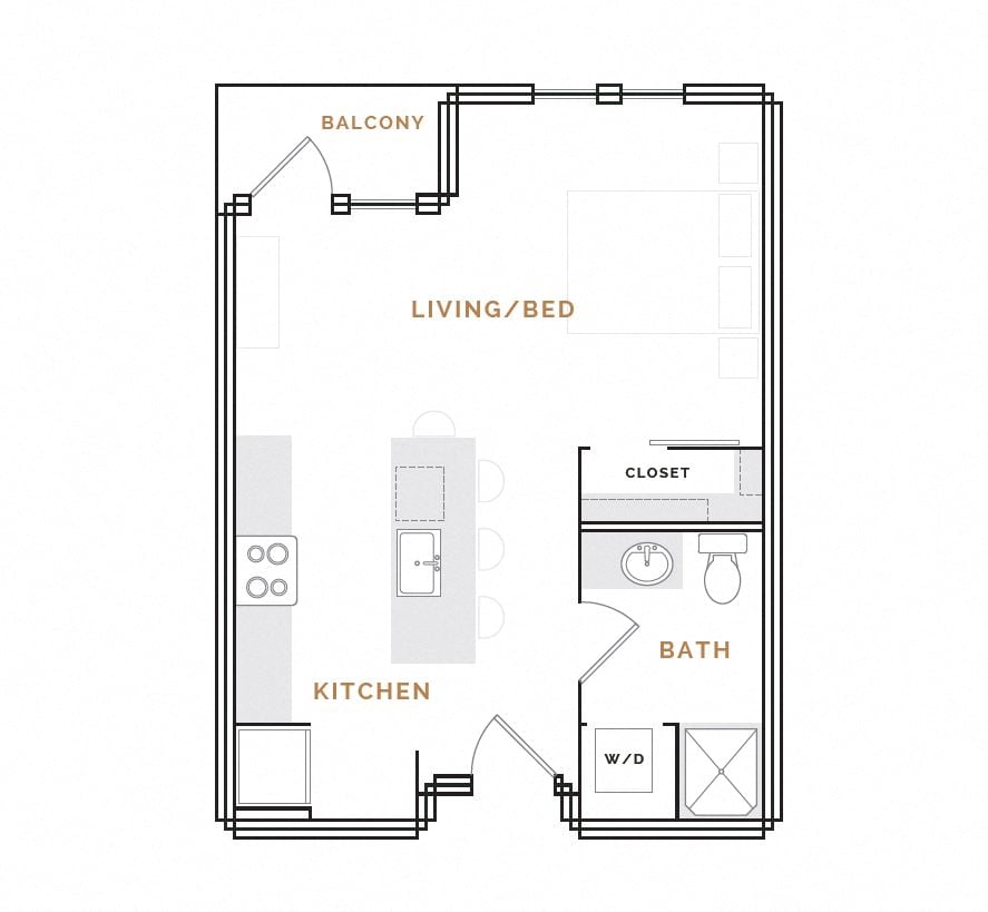 Rendering of the WS3A floor plan with a Studio bedroom and 1 bathroom[s] at Hardware District