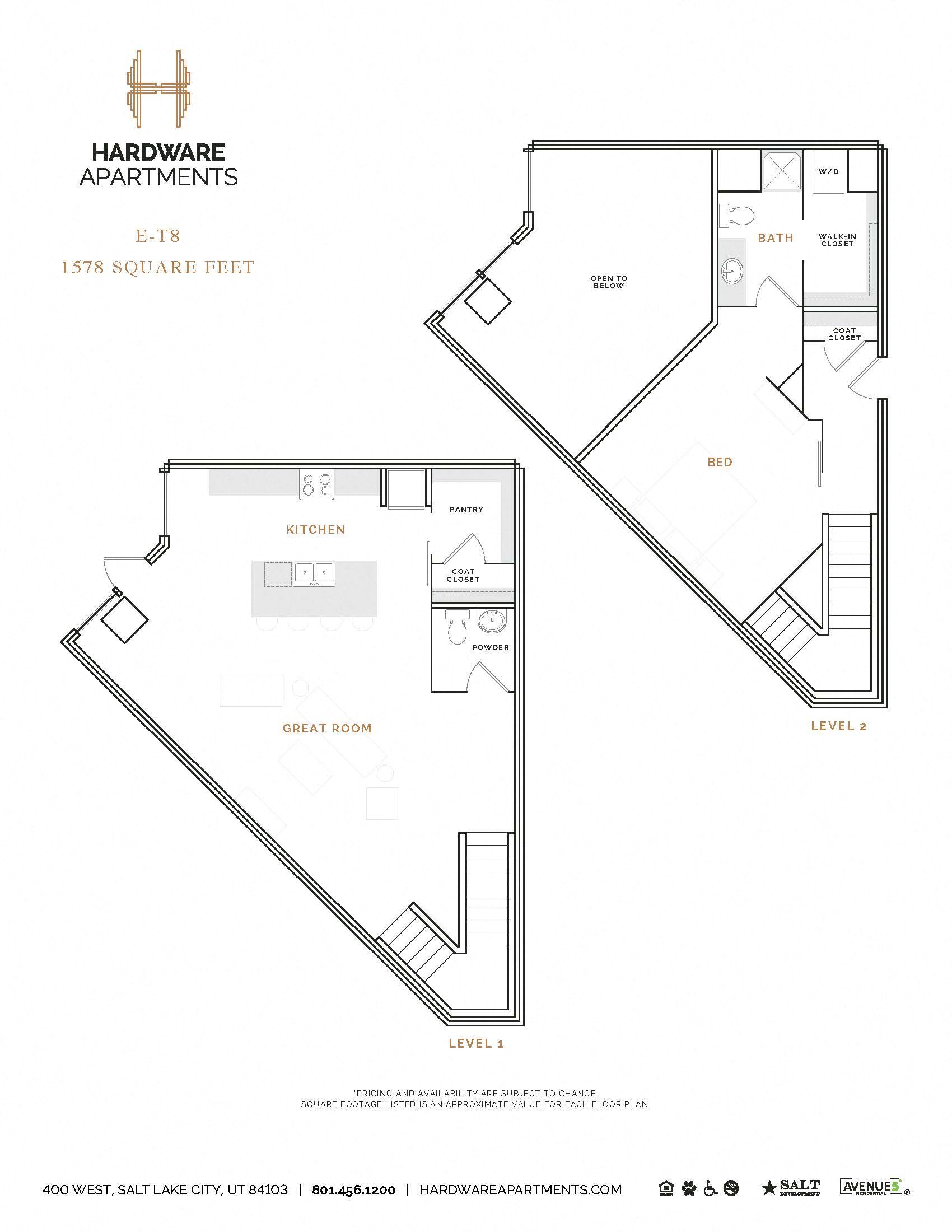 Rendering of the ET8 floor plan with 1 bedroom[s] and 1.5 bathroom[s] at Hardware District