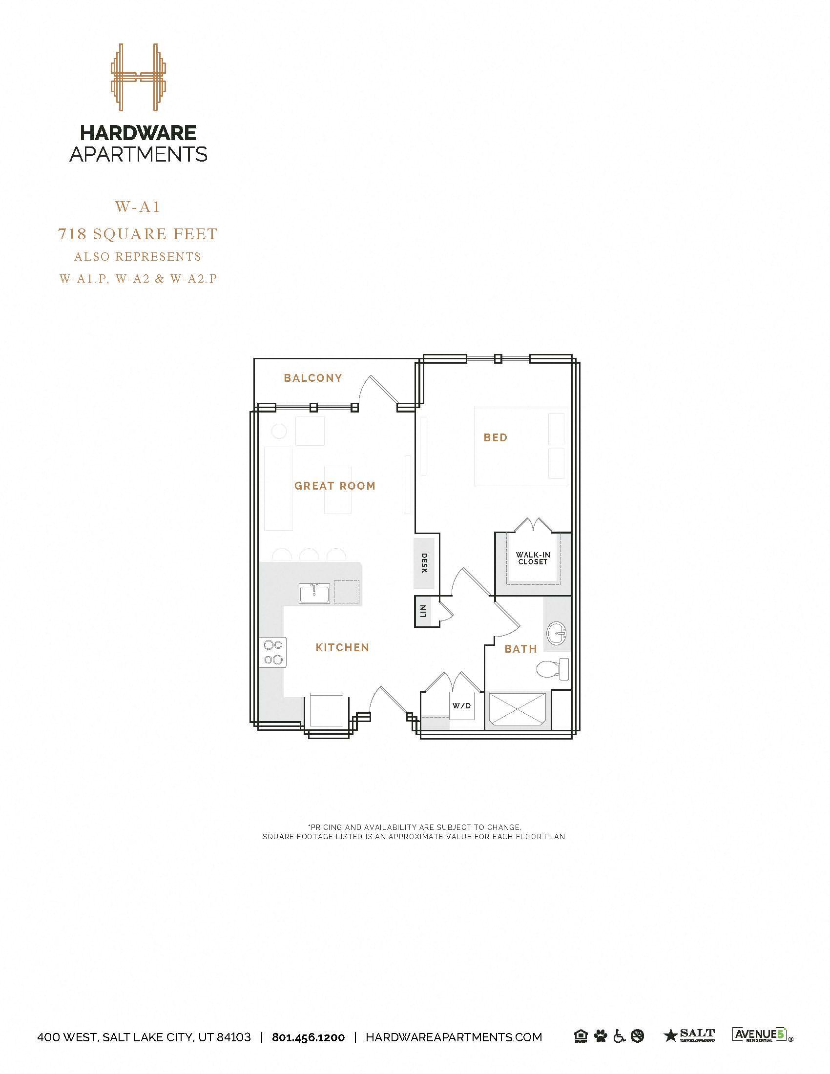 Rendering of the WA1 floor plan with 1 bedroom[s] and 1 bathroom[s] at Hardware District