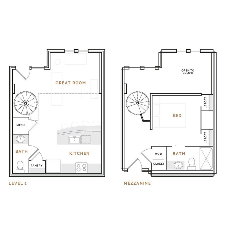 Rendering of the WT2 floor plan with 1 bedroom[s] and 1.5 bathroom[s] at Hardware District