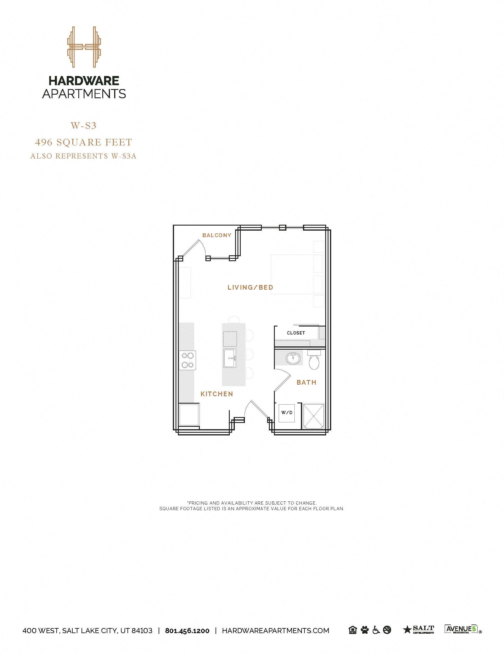Rendering of the WS3 floor plan with a Studio bedroom and 1 bathroom[s] at Hardware District