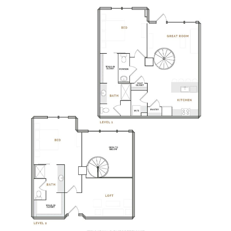 Rendering of the ET6 floor plan with 2 bedroom[s] and 2.5 bathroom[s] at Hardware District