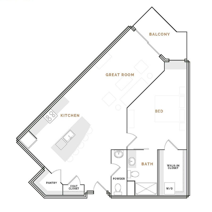 Rendering of the EA13 floor plan with 1 bedroom[s] and 1.5 bathroom[s] at Hardware District