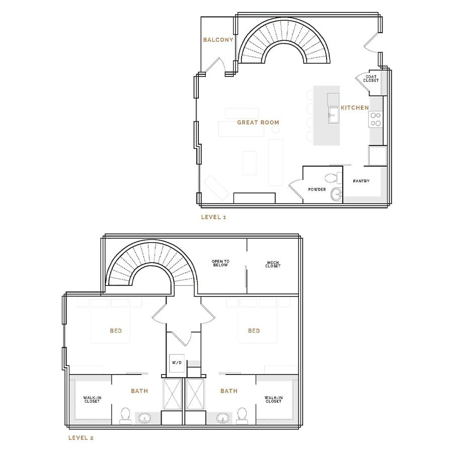 Rendering of the EL1 floor plan with 2 bedroom[s] and 2.5 bathroom[s] at Hardware District