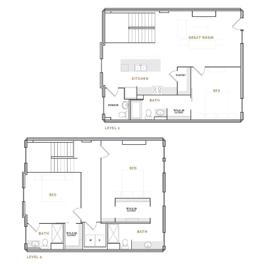 Rendering of the ER1 floor plan with 3 bedroom[s] and 3.5 bathroom[s] at Hardware District