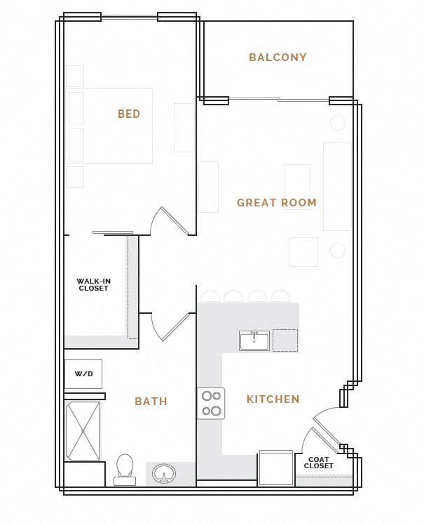 Rendering of the EA7A floor plan with 1 bedroom[s] and 1 bathroom[s] at Hardware District
